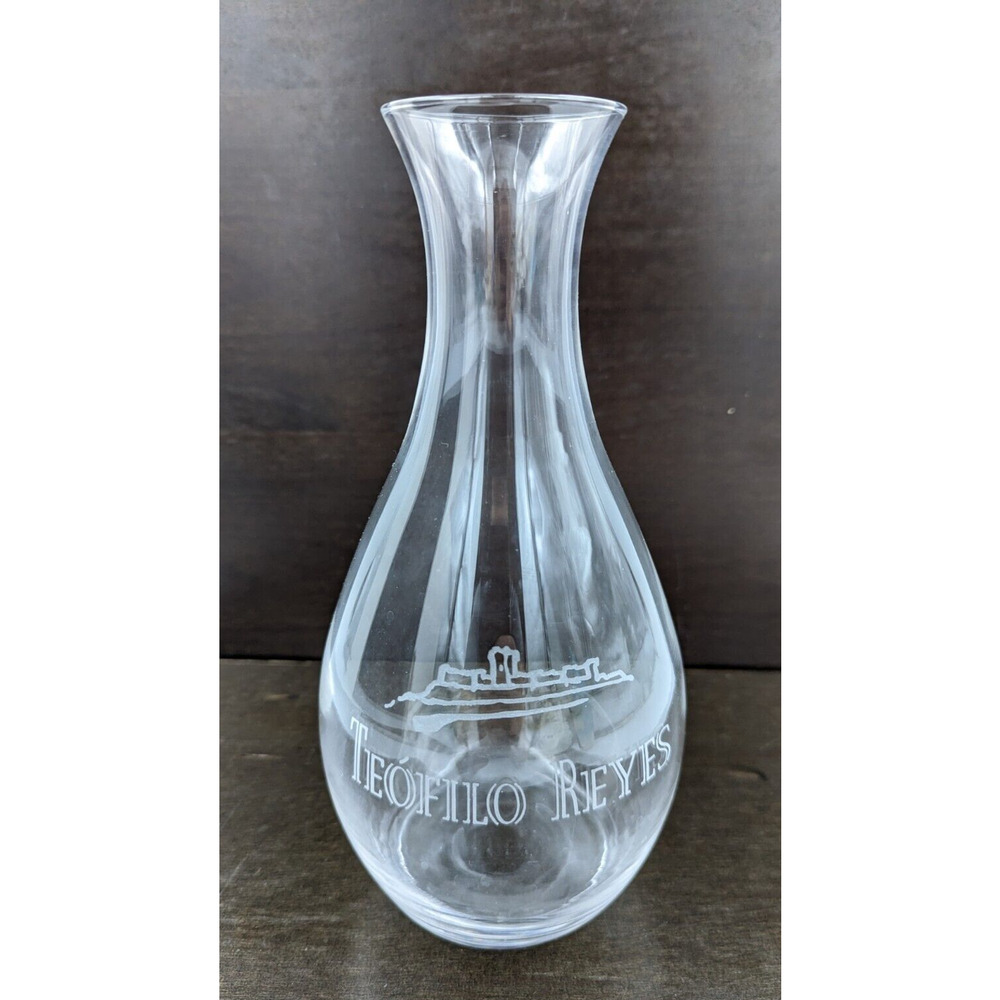 Teofilo Reyes Wine Decanter Carafe Clear Glass Etched Advertising Logo 9" H